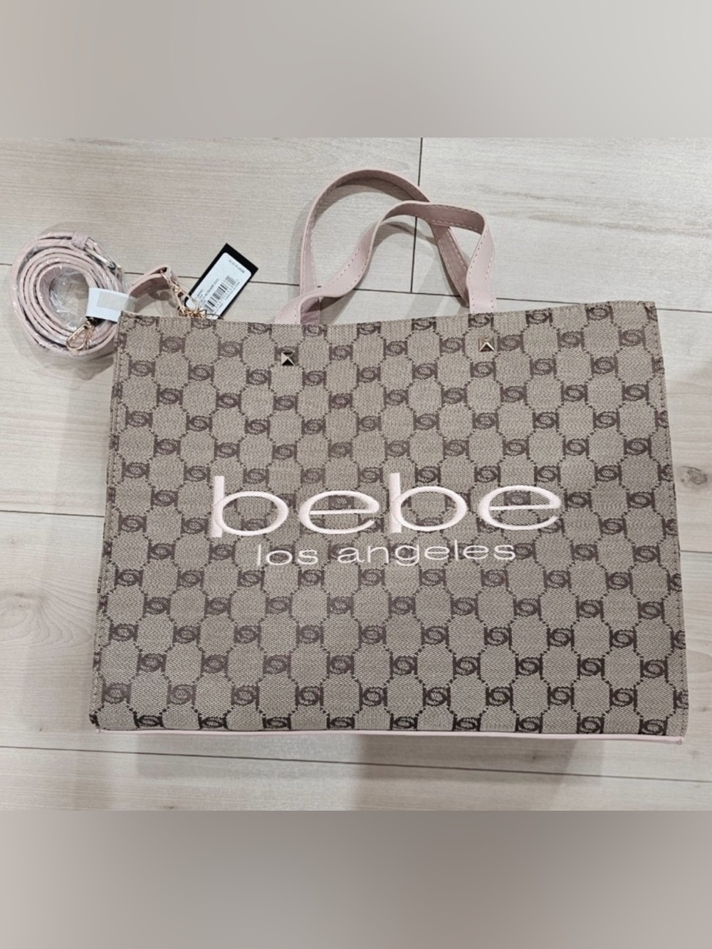 bebe Beige and blush Pink logo Tote